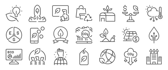 green startup icon set. It included business, eco, carbon offset, urban farming and more icons. Editable Vector Stroke.