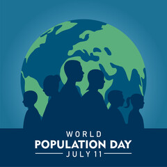 World Population Day on 11th July, banner or poster. Silhouette of diverse people in front of a globe. Vector Illustration