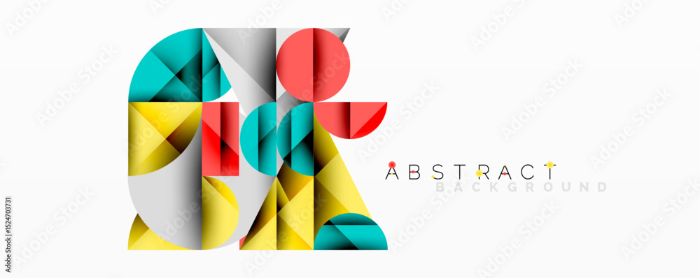 Poster Geometric shapes overlap, creating colorful abstract design. Bright hues blend with white background. Modern, minimalist aesthetic.