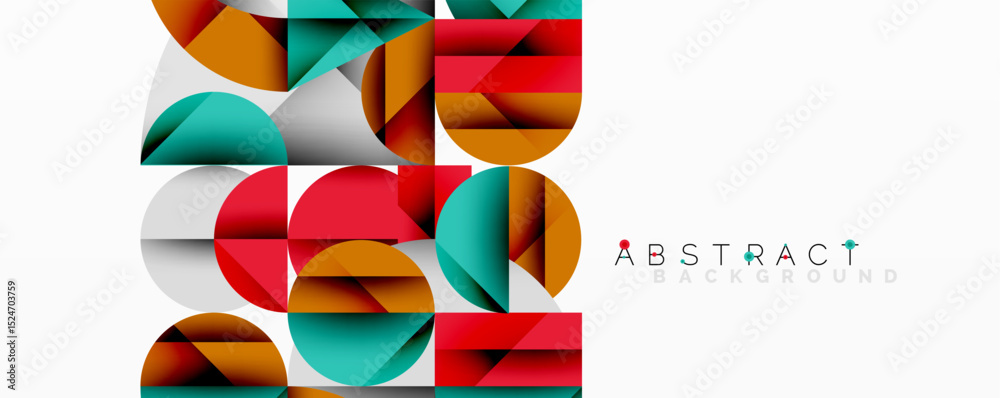 Poster geometric shapes overlap creating vibrant modern design. colors include red, teal, orange, gray. min