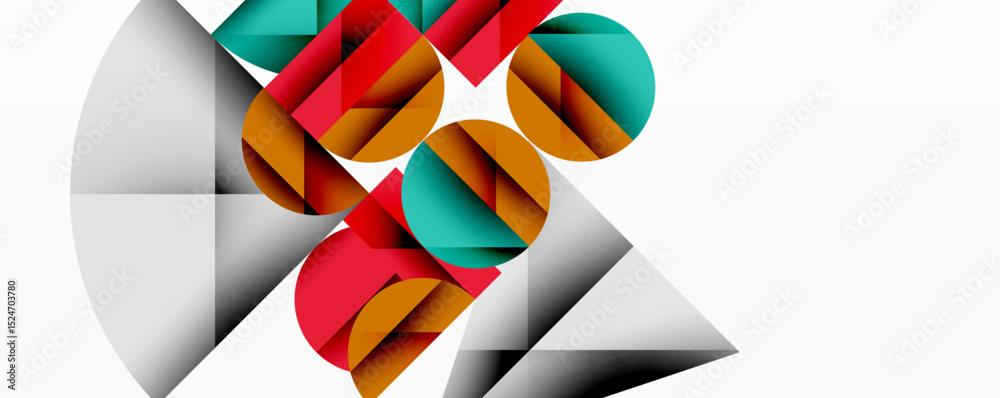 Poster Abstract geometric composition. Shapes overlap, creating dynamic visual interest. Red, teal, brown hues dominate white background. Modern design.