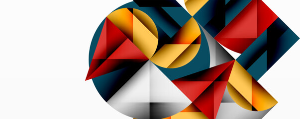Abstract geometric shapes overlap, creating dynamic composition. Red, yellow, blue dominate white background. Modern design.