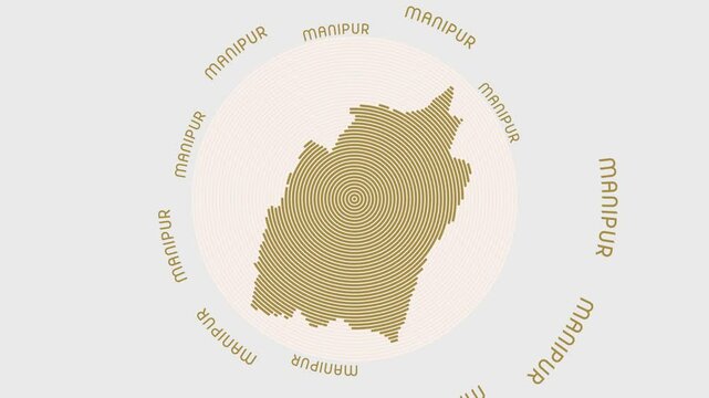 Manipur shape with dynamic circles visual effect. Animation of Manipur logo appearing from rotating rings and State name around the shape. Intro, opening, closing, logo video.