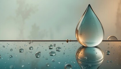 Serene water droplet resting elegantly on a reflective surface, calming tone