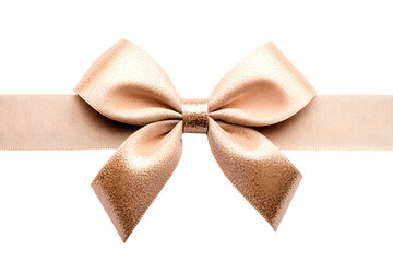 a single gold colored bow, fashioned from textured material, sits prominently on a bright white backdrop. the bow is neatly arranged, with loops that are shaped and balanced