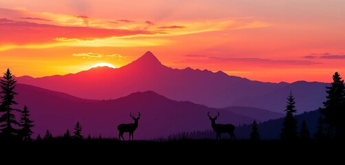 Naklejka premium Silhouette of mountains, trees, and two deer against a vibrant sunrise/sunset sky Vector landscape illustration, animals, landscape
