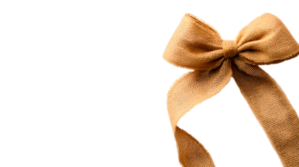 a tan colored bow lies against a clean white backdrop. the bow is constructed from a coarsely woven material. it has neat loops and a trailing ribbon