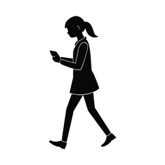 Girl walking while looking at phone silhouette on white background simple flat vector