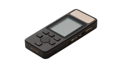 Black handheld measurement device with LCD display and control buttons