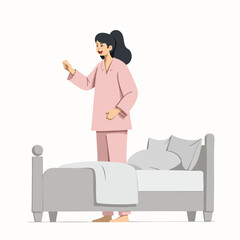 Woman in pajamas stretching beside bed in morning flat vector style
