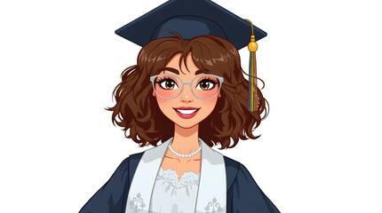 cartoon illustration features a confident young woman dressed in graduation attire, including a classic blue academic cap and gown with a golden stole.  vector design