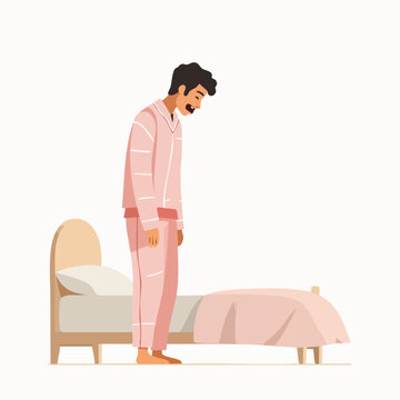 Flat illustration of man checking bed or making bed after waking up