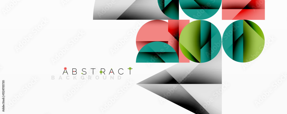 Poster modern abstract design features overlapping geometric shapes. colors include teal, red, olive, gray.
