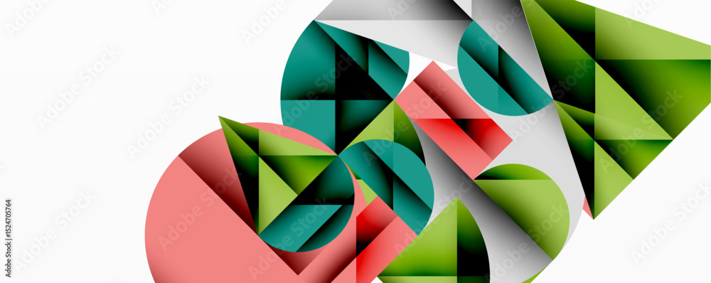 Poster abstract geometric shapes overlap, creating dynamic composition. green, red, gray tones dominate whi