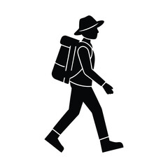 Tourist walking with backpack silhouette on white background simple flat vector