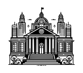 Black and white illustration of a grand city hall