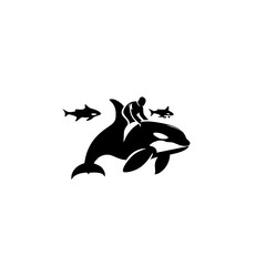 Naklejka premium Silhouette of orca whale with rider and fish