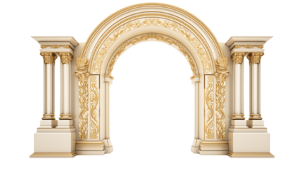 Ornate archway with columns and golden decorative elements against a transparent background 