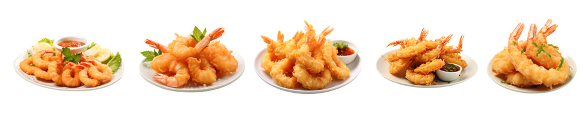 Row of plates with different types of fried shrimp
