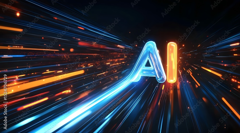 Poster dynamic ai text with radiant light trails in a futuristic setting