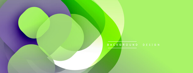 Abstract background features overlapping circles, gradients. Green, purple hues create modern visual effect. Simple design elements.
