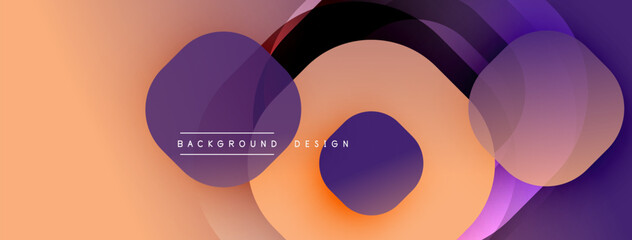 Abstract design features overlapping circles, gradients. Peach tones dominate, purple accents present. Modern, minimalist aesthetic.