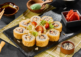 Caesar-style tempura roll with parmesan, chicken fillet and tomatoes, vibrant lighting, high-contrast composition