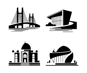 Fototapeta premium Black and white icons of famous architectural landmarks