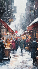 Winter Market Street With Falling Snow