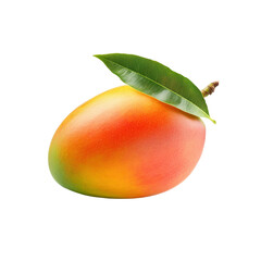 Mango: A vibrant mango, its skin a beautiful blend of red and yellow, lies on a white base, showcasing the succulent fruit and a fresh green leaf