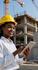 construction workers at work Black female engineer wearing a safety helmet and using a tablet at a modern construction site, smiling at the camera, clear sky in the background, documentary style.