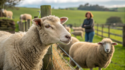 Close-up of a sheep on a farm. Shepherd. Pasture grass. Sheep wool. The Chinese zodiac. Countryside.