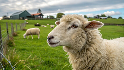 Fototapeta premium Close-up of a sheep on a farm. Shepherd. Pasture grass. Sheep wool. The Chinese zodiac. Countryside.