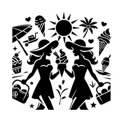 Obraz premium Summertime twin ladies enjoying ice cream and beach fun