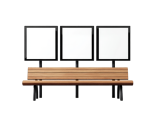 Wooden park bench with three blank advertising panels