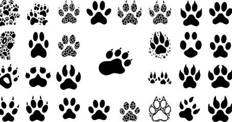 Fototapeta premium Animal paw prints, ink splatters, white background, design elements 