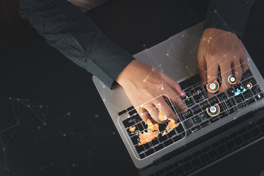 A business person in a modern office touches a virtual dashboard to analyze operational performance, choosing the fastest workflow to increase efficiency - Powered by Adobe