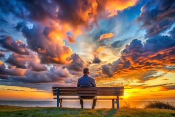 A man sits on a bench overlooking the ocean at sunset