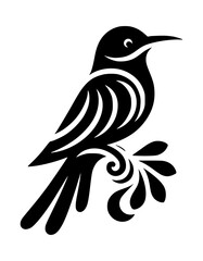Fototapeta premium Stylized bird on floral branch black and white illustration