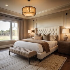 Fototapeta premium 3. What lighting techniques create a cozy and inviting atmosphere in master bedroom photos? --