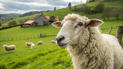 Close-up of a sheep on a farm. Shepherd. Pasture grass. Sheep wool. The Chinese zodiac. Countryside.