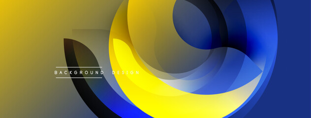 Abstract geometric shapes overlap, creating dynamic yellow, blue gradients. Modern design elements suggest fluidity, movement.