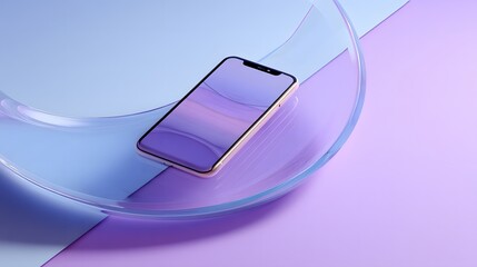 Modern smartphone displayed on a transparent glass surface against a gradient background
