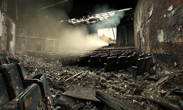 Abandoned destroyed theater interior with smoky haze