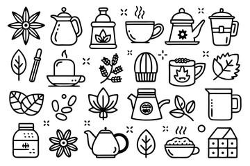 Collection of line icons depicting tea coffee and teapot related items isolated on transparent background
