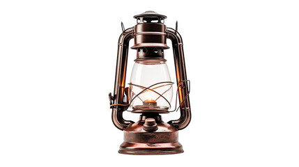 Close up of a vintage lantern with a glowing flame inside against a transparent background