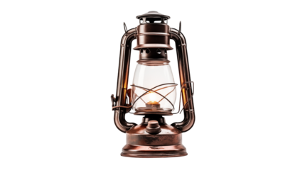 Close up of a vintage lantern with a glowing flame inside against a transparent background
