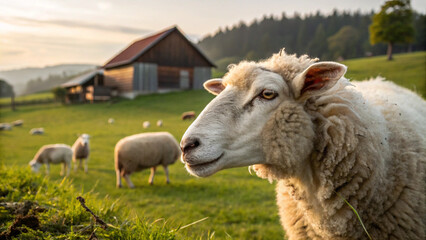 Fototapeta premium Close-up of a sheep on a farm. Shepherd. Pasture grass. Sheep wool. The Chinese zodiac. Countryside.