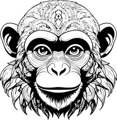 Fototapeta premium Ornate Chimpanzee Head Illustration Detailed Line Art Drawing of a Monkey