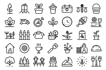 Lawn care gardening seeding line icons set isolated on transparent background